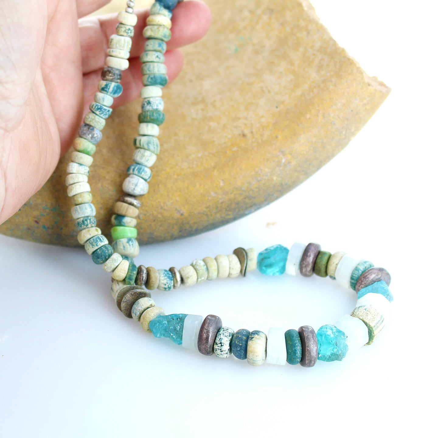 Ancient Mali Dig Beads Necklace Sterling And Apatite, -NewWorldGems