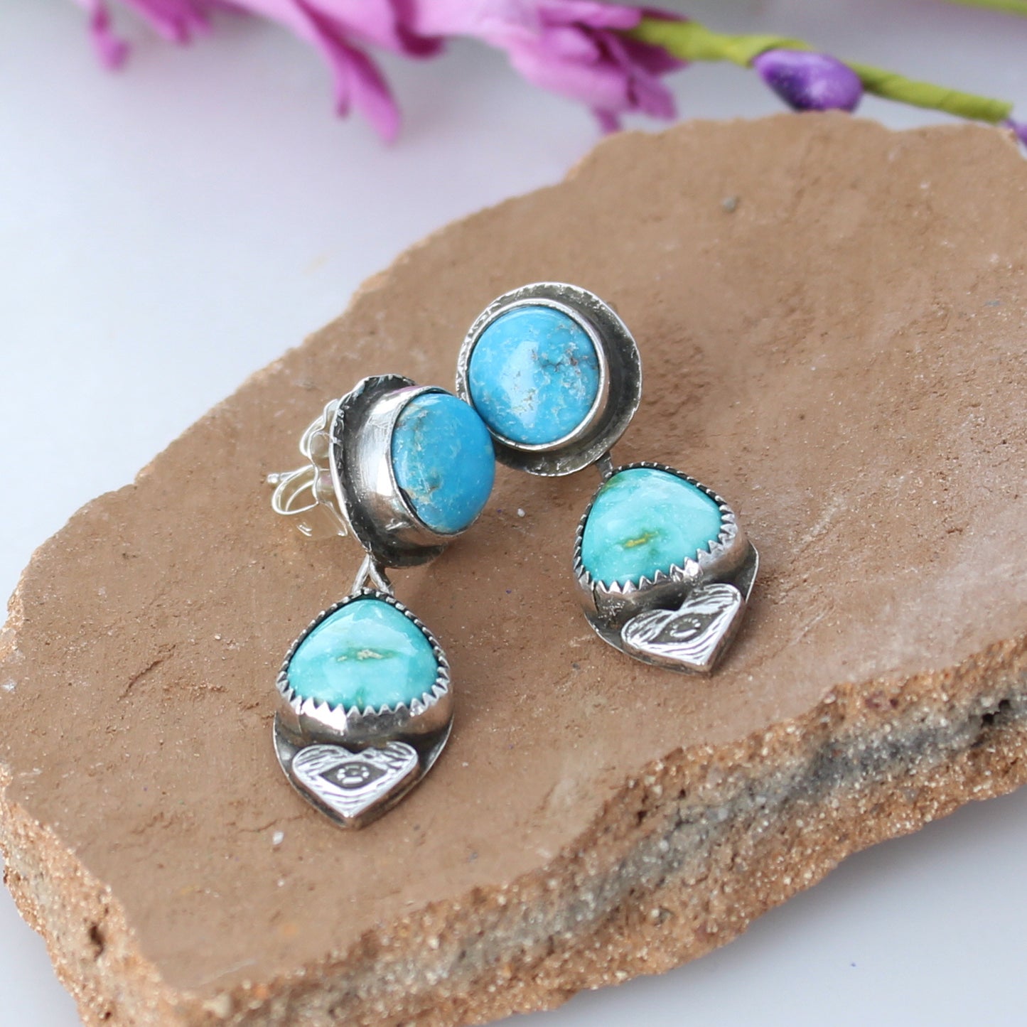 Sonoran Turquoise Earrings Lime Green Blue Sterling 2 Stone -NewWorldGems