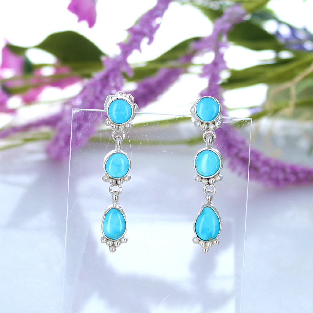 Blue Ridge Turquoise 3 Stone Earrings Sterling Silver Unique Handmade -NewWorldGems