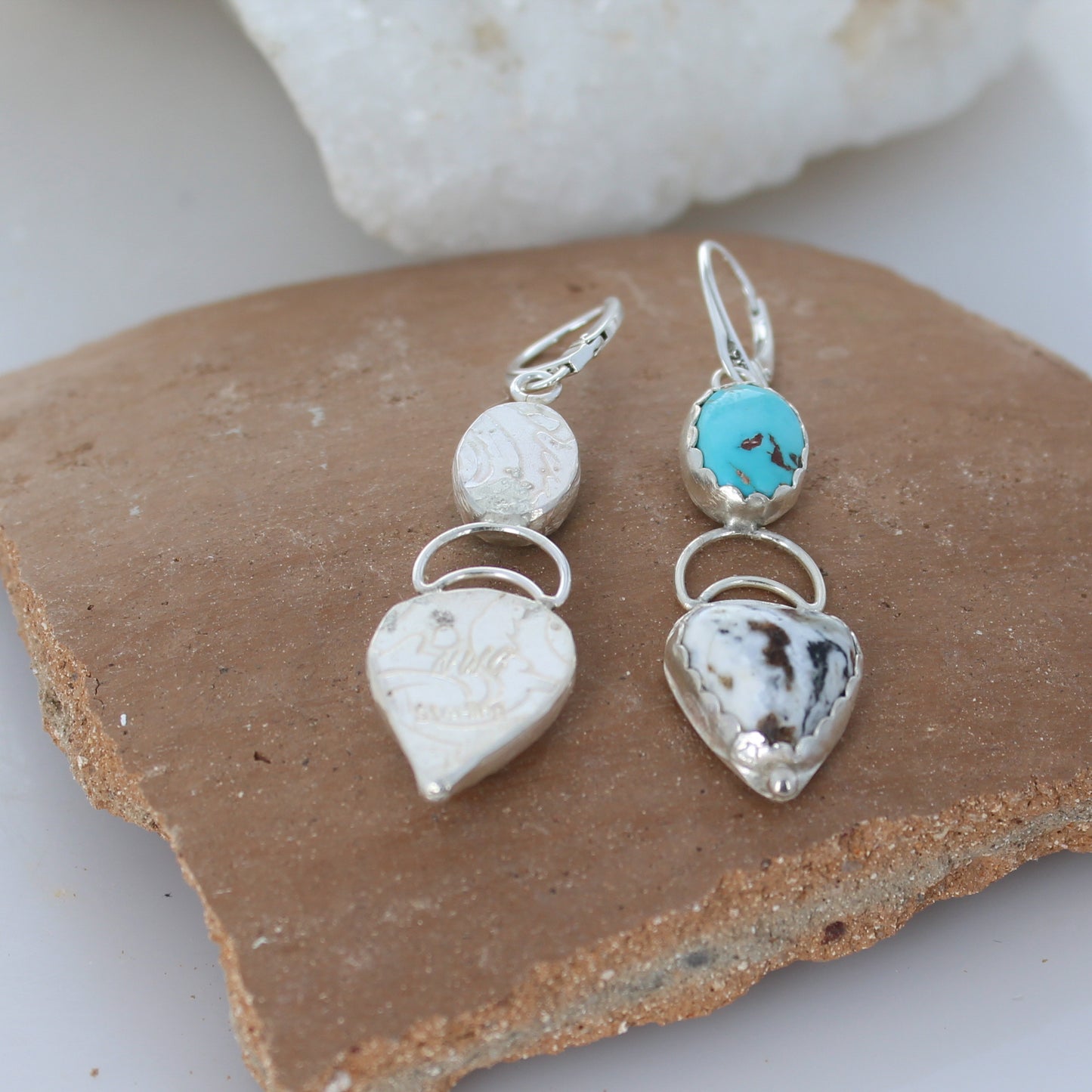 Moon Hearts Carico Lake and White Buffalo Turquoise Earrings Sterling -NewWorldGems