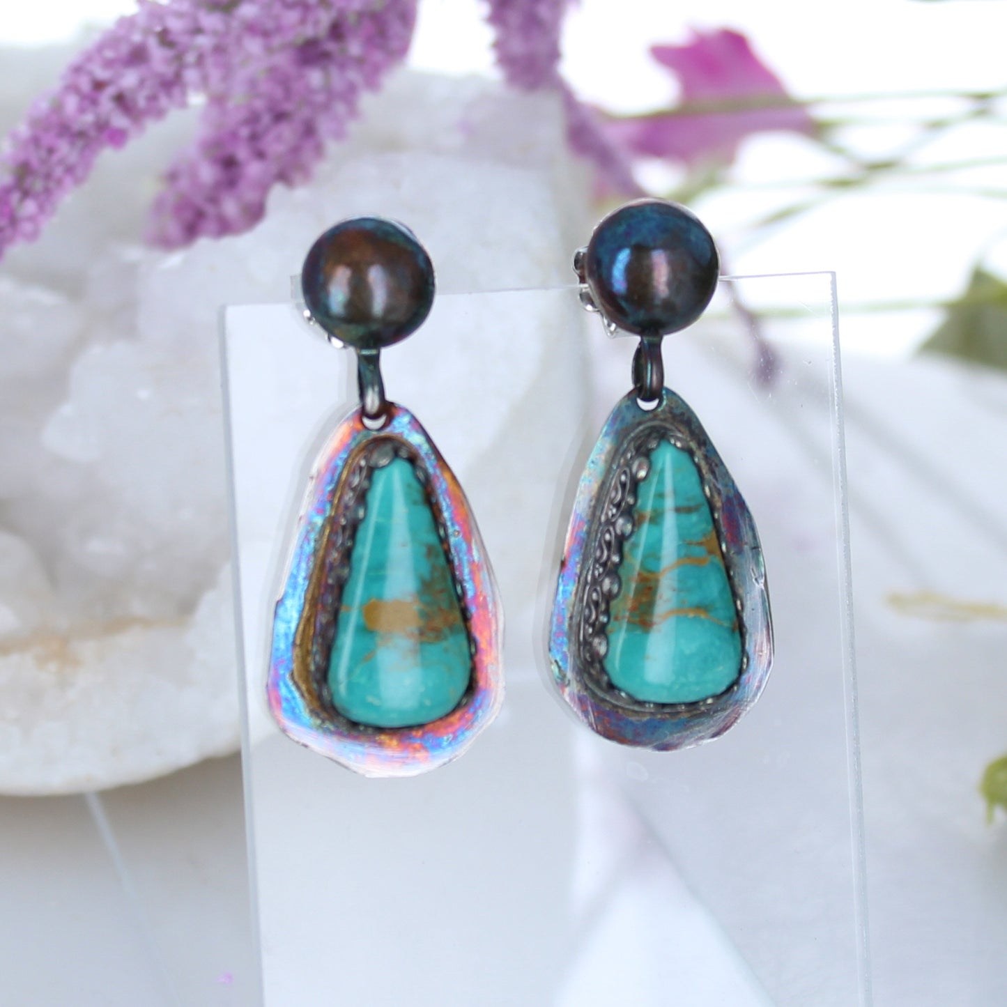 Royston Turquoise Earrings Emerald Green Golden Rainbow Oxidized -NewWorldGems