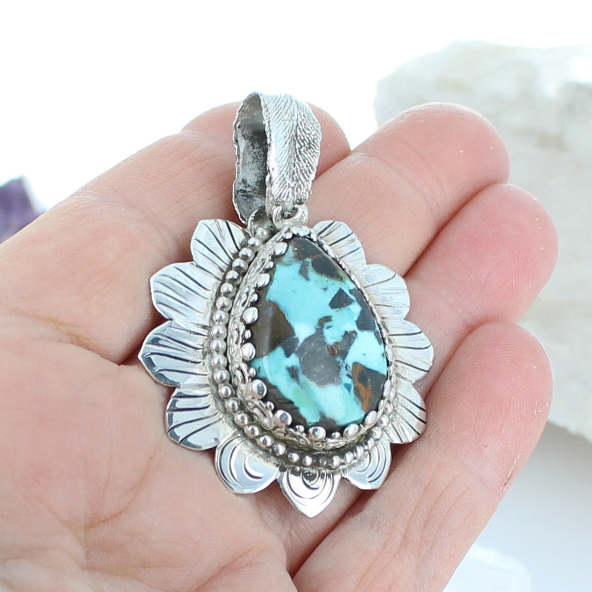 Carico Lake Turquoise Pendant Flower Teardrop Sterling Necklace -NewWorldGems
