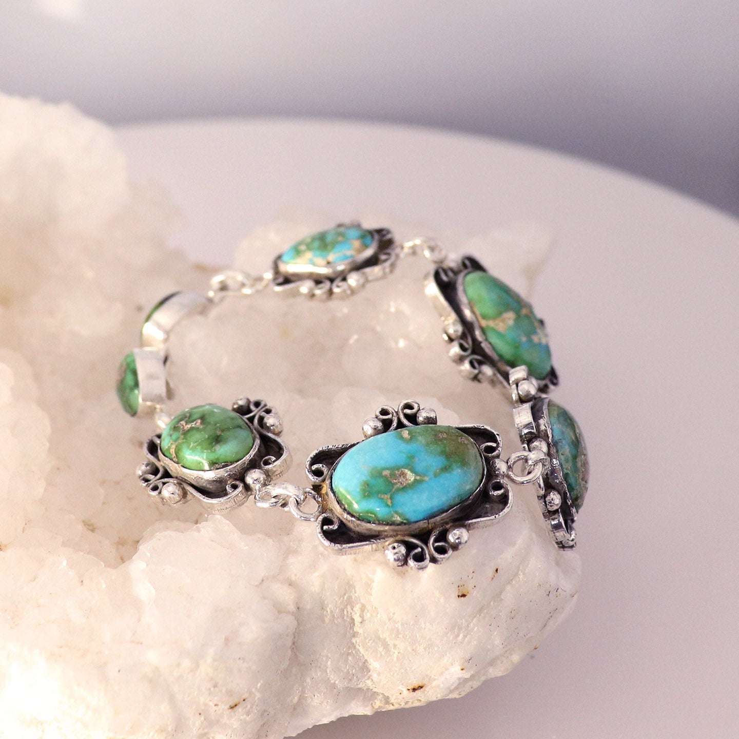 Sonoran MountainTurquoise Bracelet Sterling Scroll Design Multi Stone -NewWorldGems