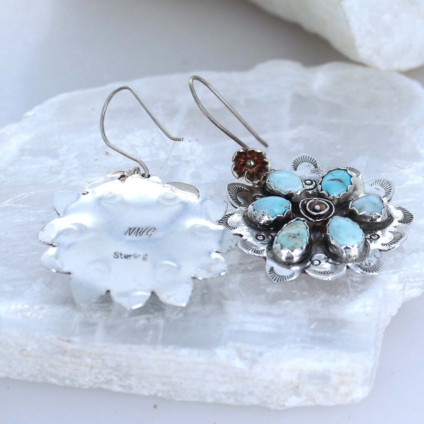 Unique Rare DRY CREEK Turquoise Mandala Flower Earrings Sterling -NewWorldGems