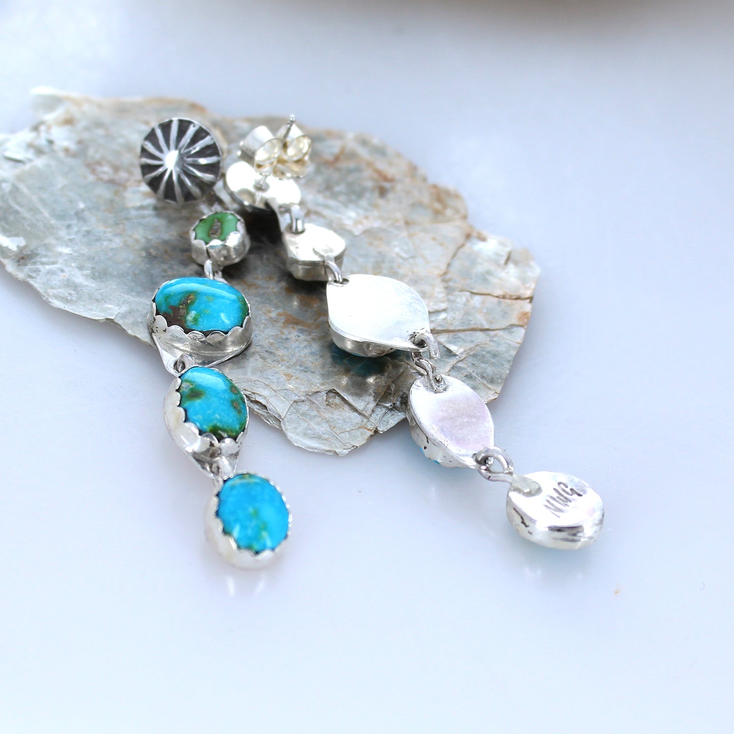 Sonoran Mountain Turquoise Earrings 4 Stone Dangles Sunburst Post -NewWorldGems