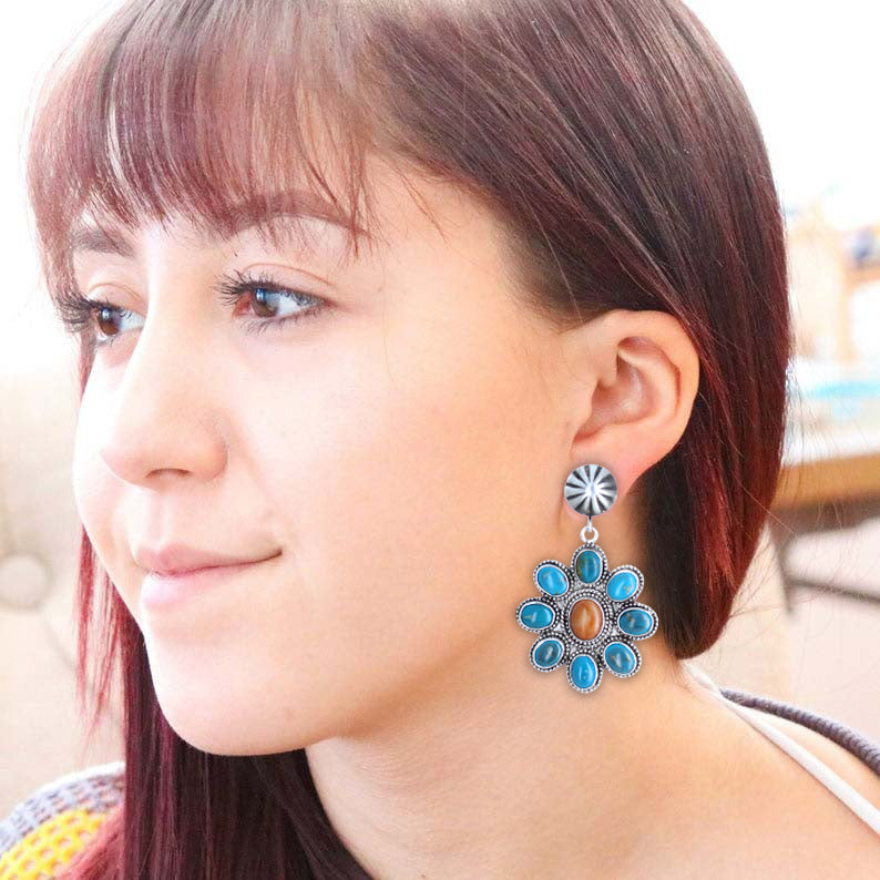 Kingman Turquoise Spiny Oyster Earrings Sterling 9 Stone Floral -NewWorldGems