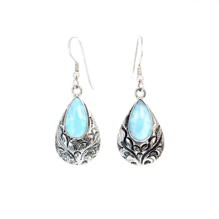 Larimar Sterling Earrings Etched Teardrops #2 -NewWorldGems