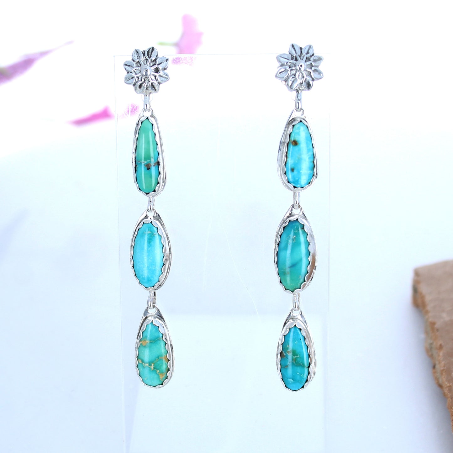Emerald Valley Turquoise Earrings 3 Stone Dangles Floral Post -NewWorldGems