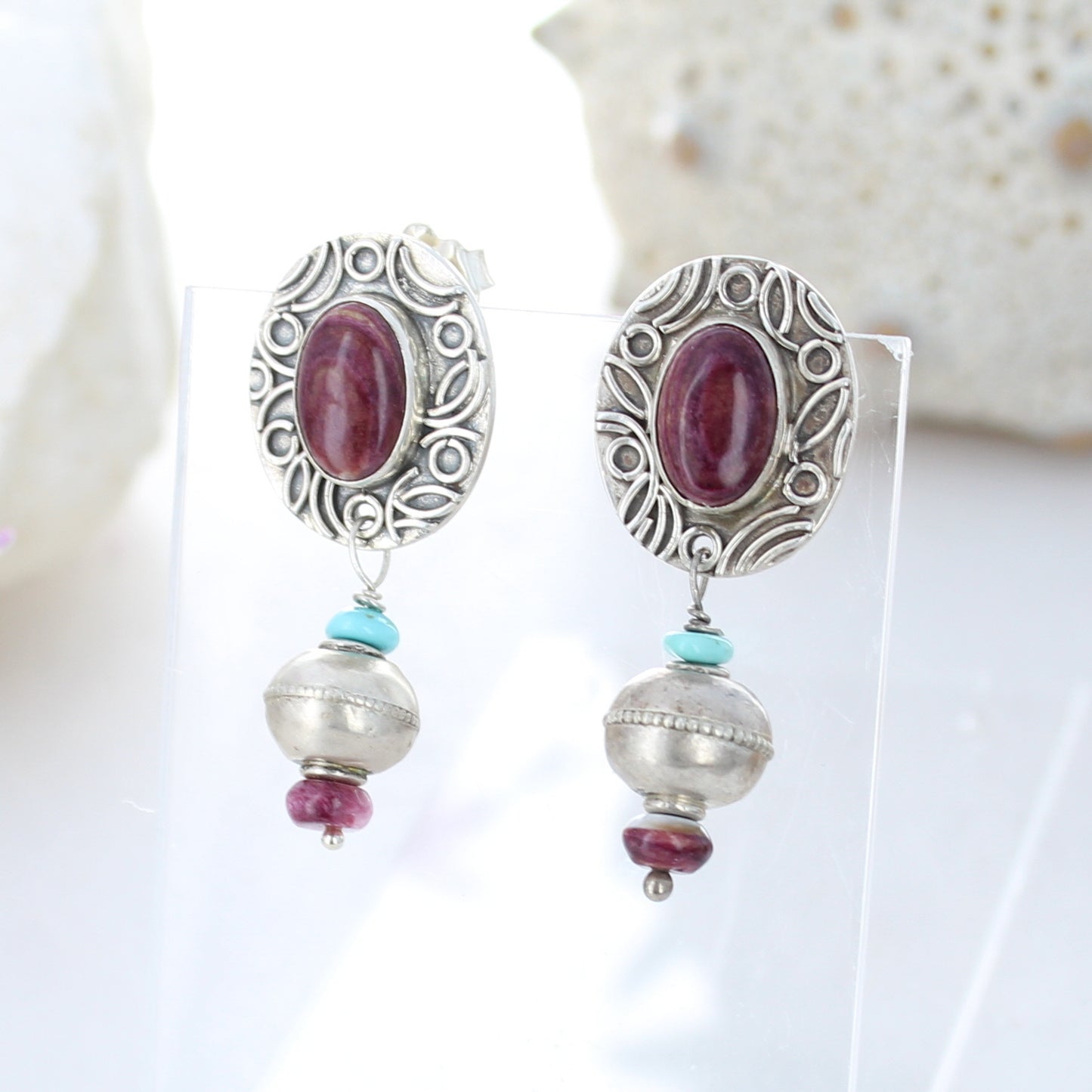Purple Spiny Oyster Earrings Oval 7x9mm Posts Wire Design Dangles -NewWorldGems