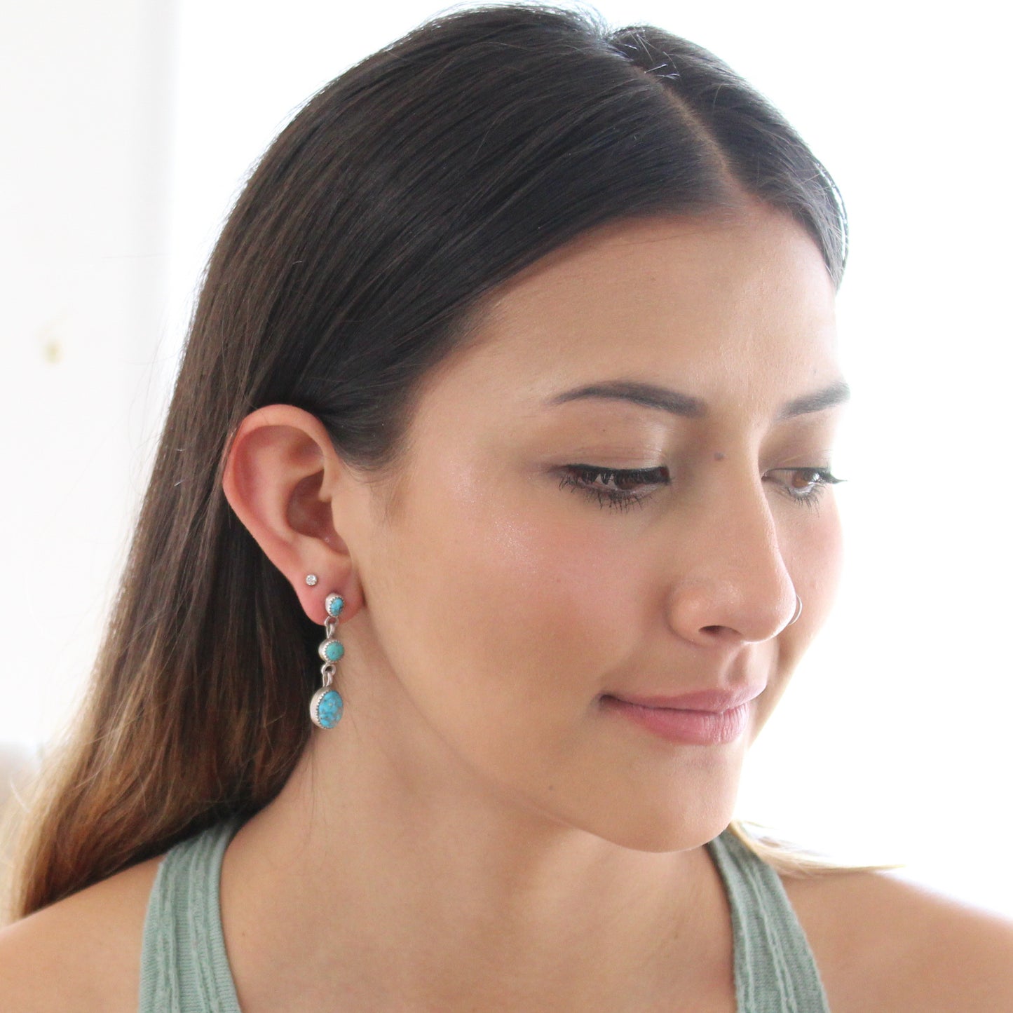 SONORAN BLUE Jay Turquoise Earrings Sterling 3 Stone Dangles -NewWorldGems
