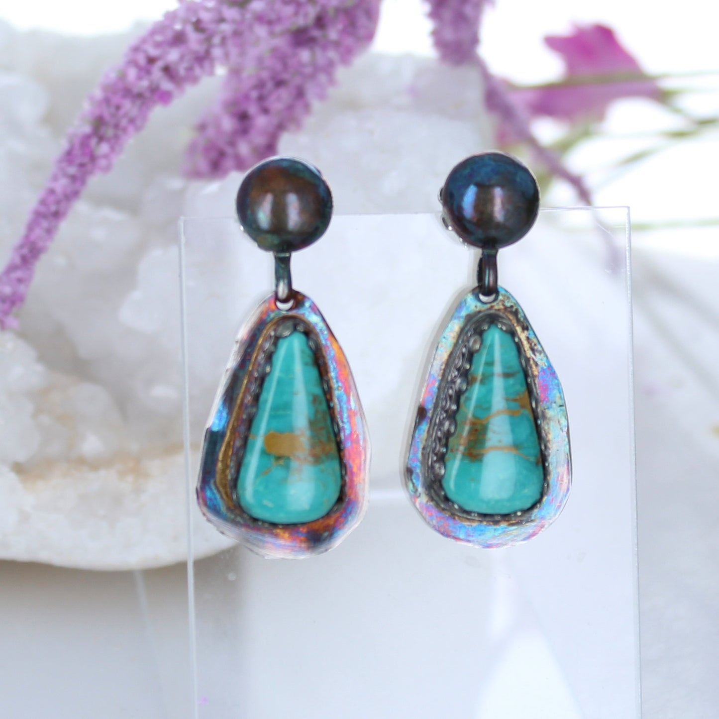 Royston Turquoise Earrings Emerald Green Golden Rainbow Oxidized -NewWorldGems