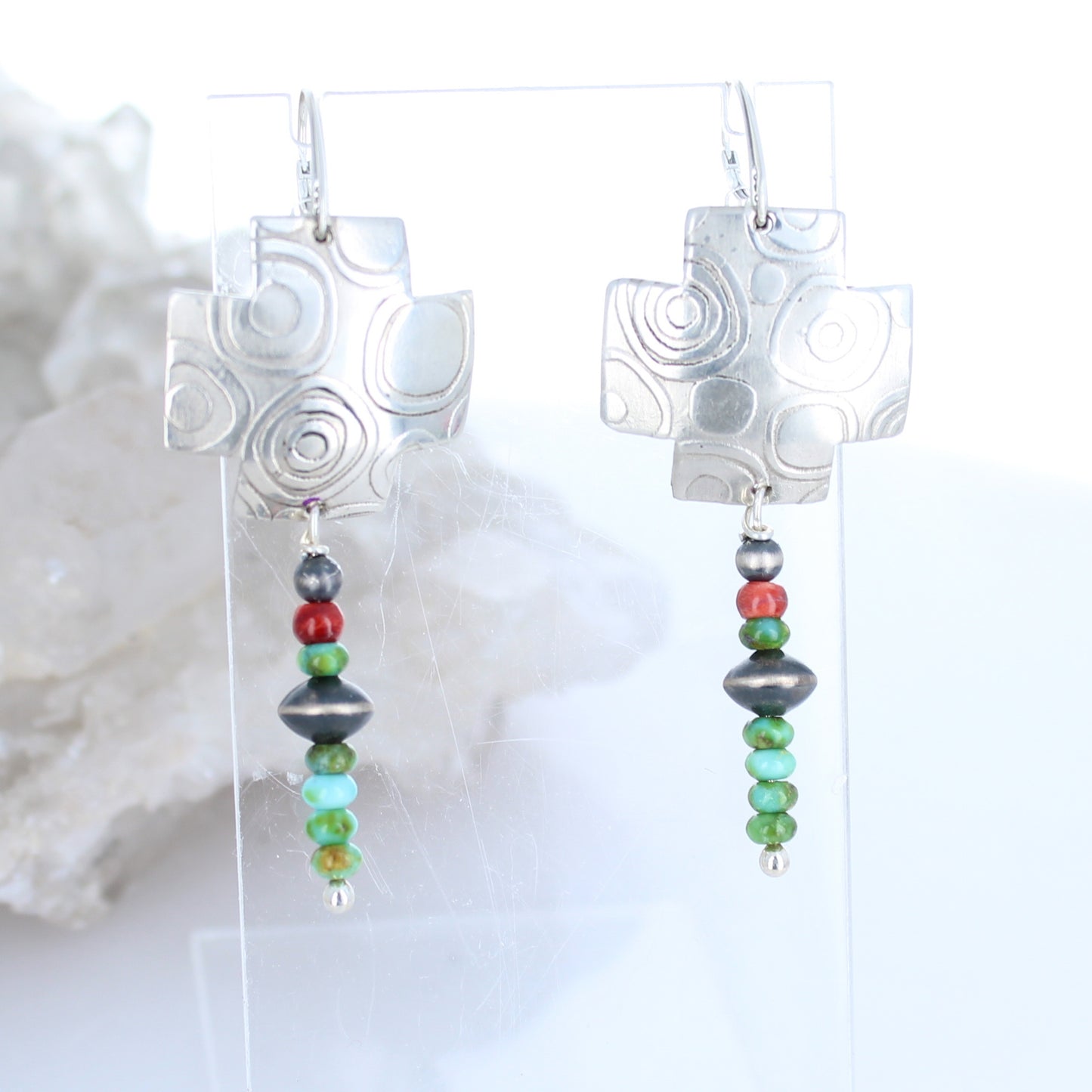 Sonoran Gold Turquoise Sterling Southwestern Cross Earrings -NewWorldGems