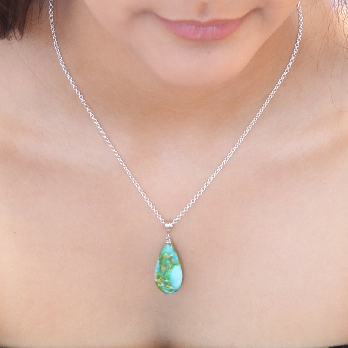 Turquoise Mountain Turquoise Pendant Sterling #2, -NewWorldGems