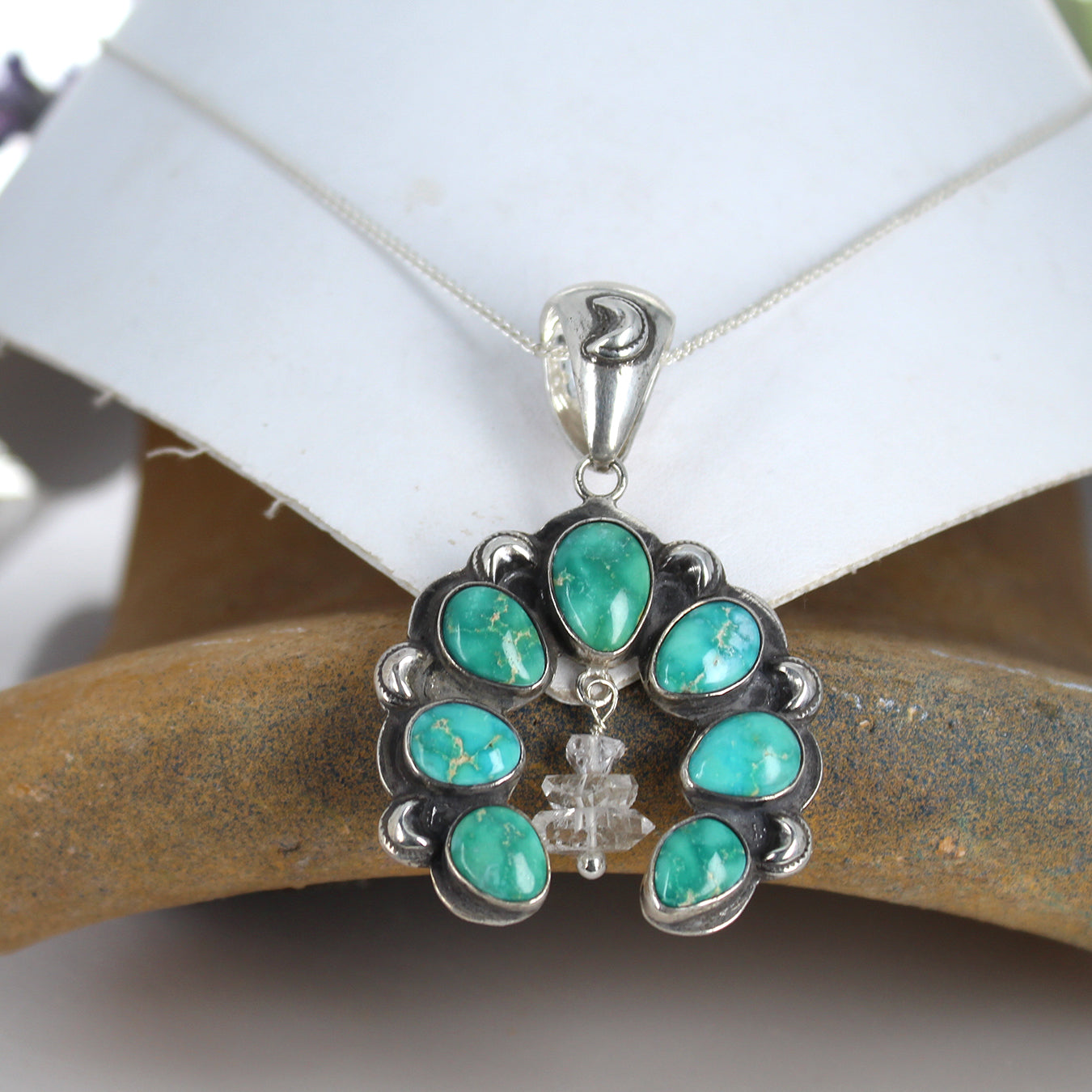 Emerald Valley Turquoise Naja Moon Pendant Sterling with Herkimer Diamond Crystal -NewWorldGems