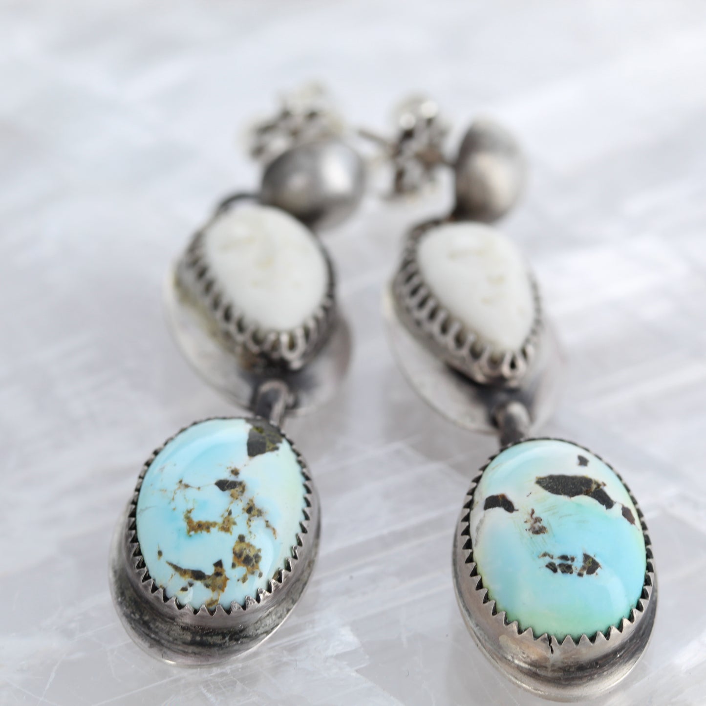 Rare Lone Mountain TURQUOISE EARRINGS Sterling Carved Moon Faces -NewWorldGems
