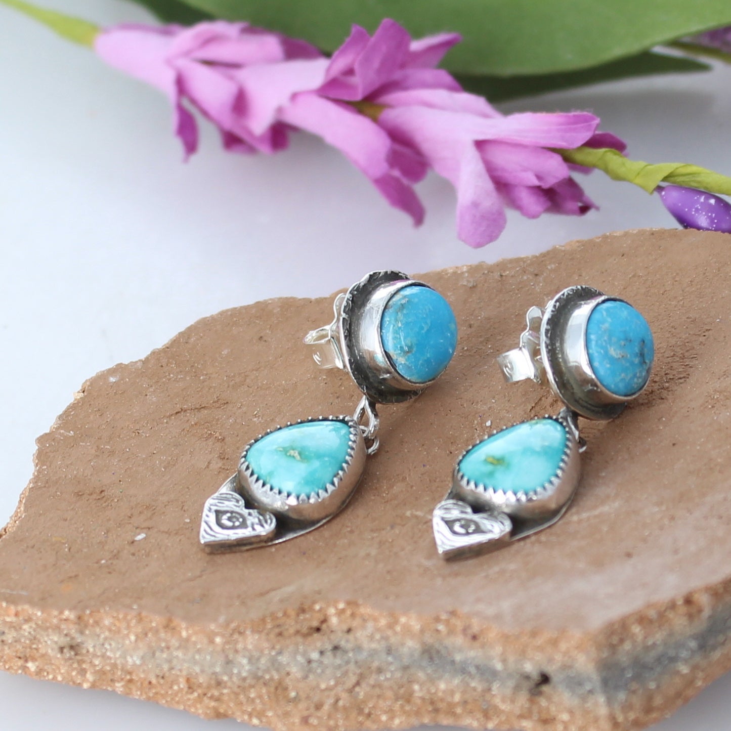 Sonoran Turquoise Earrings Lime Green Blue Sterling 2 Stone -NewWorldGems