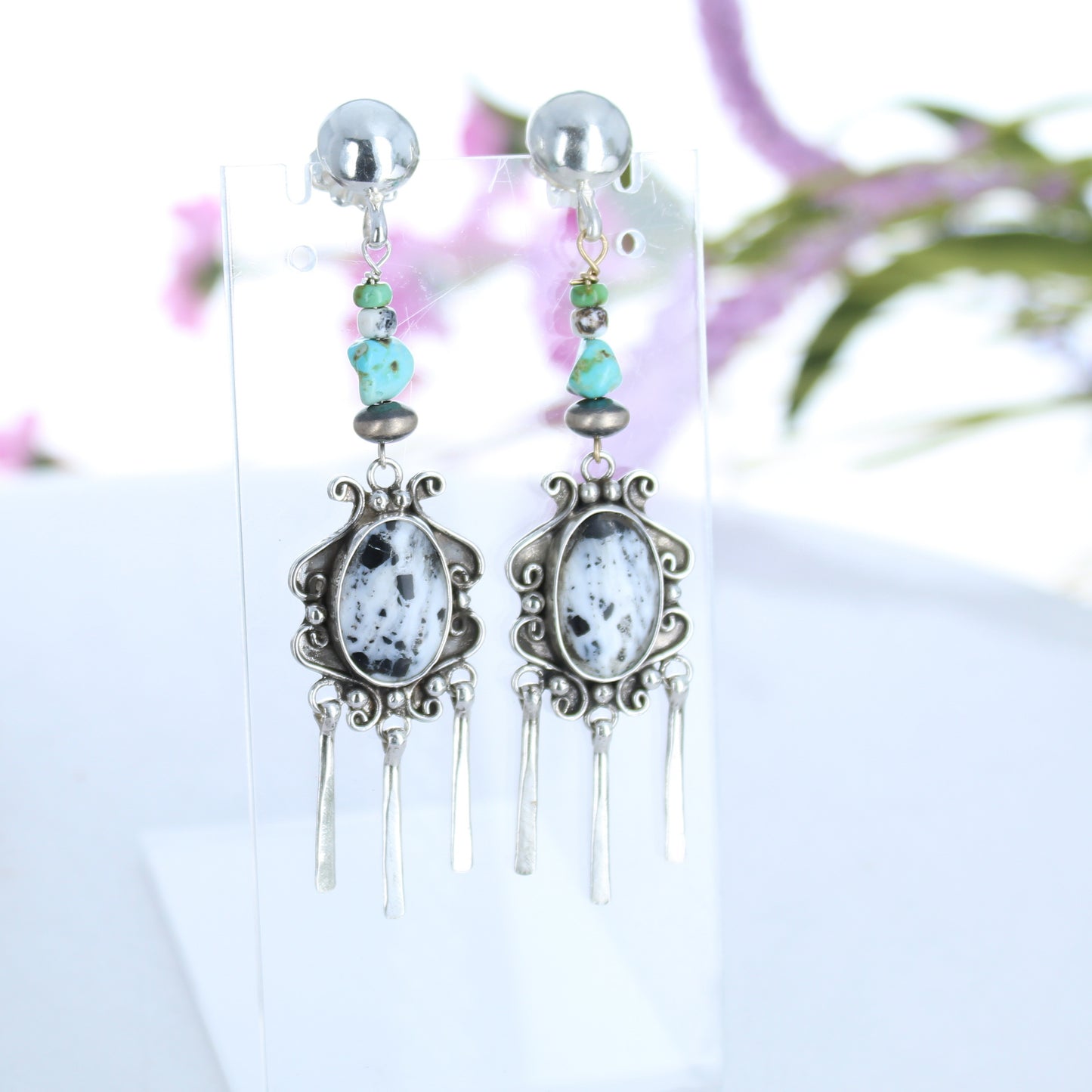 Rare White Buffalo Turquoise Earrings Sterling Scroll Design with Lone Mountain -NewWorldGems