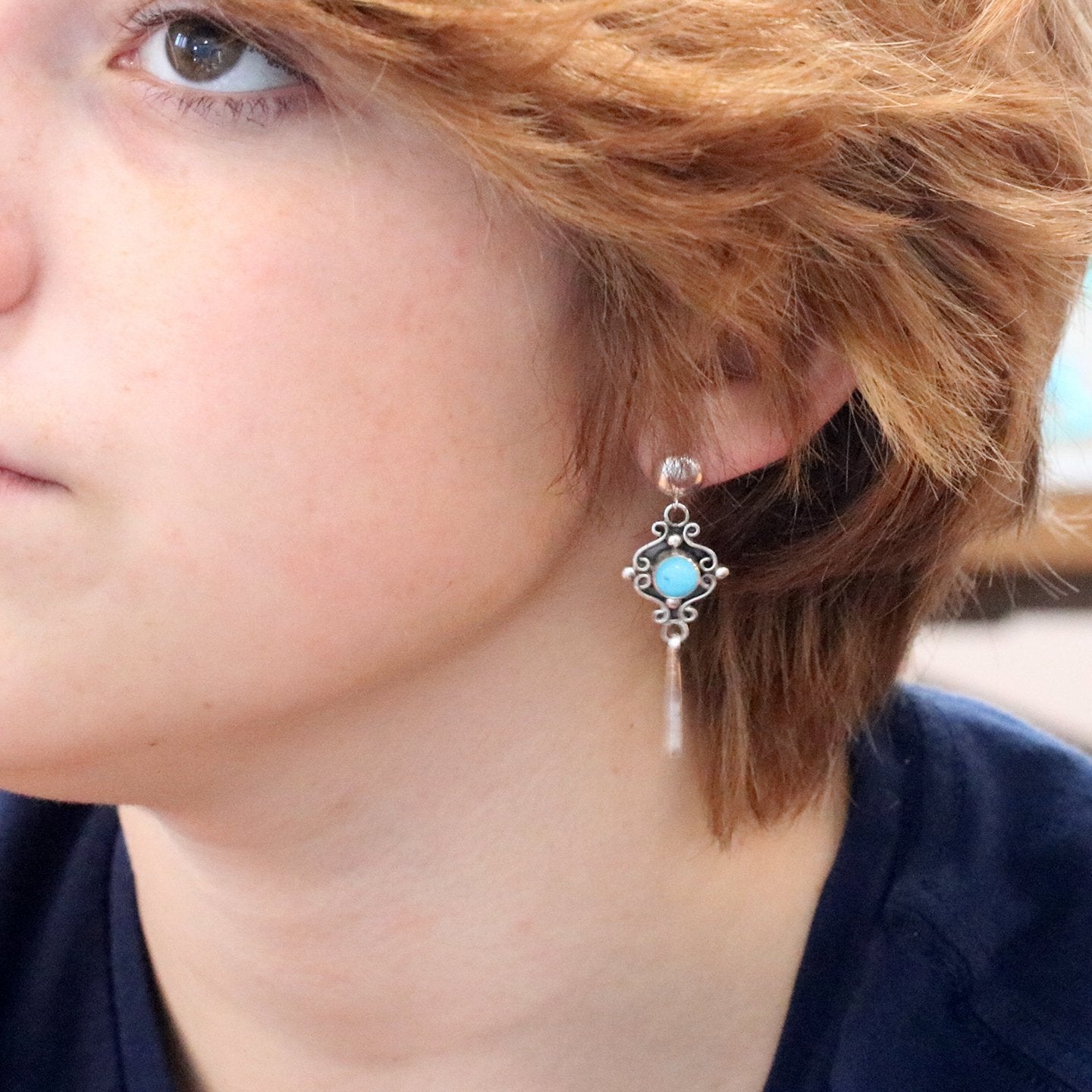 Sleeping Beauty Turquoise Earrings Sterling Scroll Design Dangles, -NewWorldGems