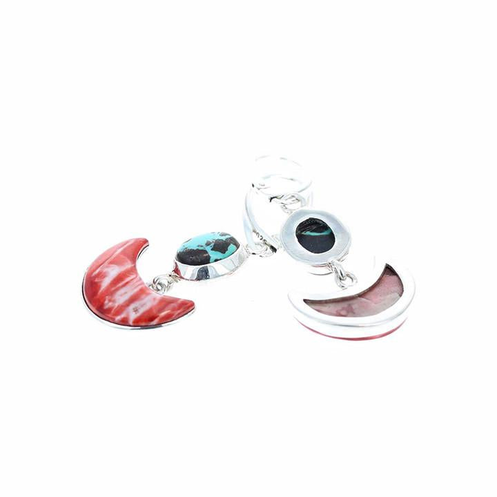 Red Spiny Oyster Moon Earrings With Turquoise Accents -NewWorldGems