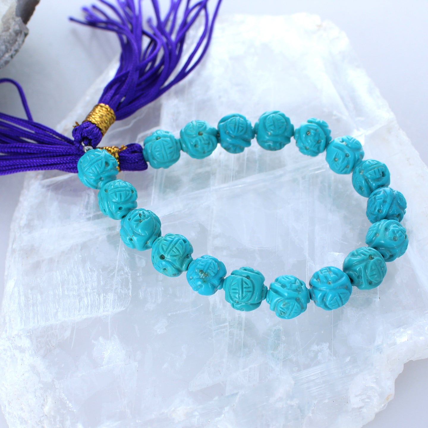 AAA CHINESE TURQUOISE Beads 9mm Carved Longevity Symbols 6" -NewWorldGems