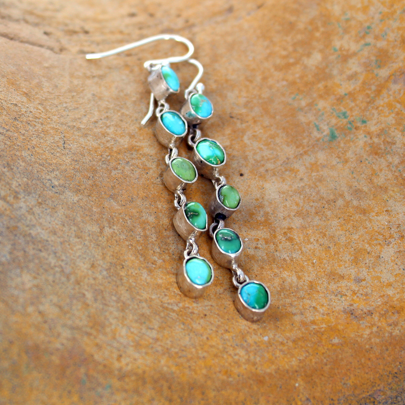 SONORAN Blue Green TURQUOISE Earrings 5 Stone Sweeping 3.5" -NewWorldGems