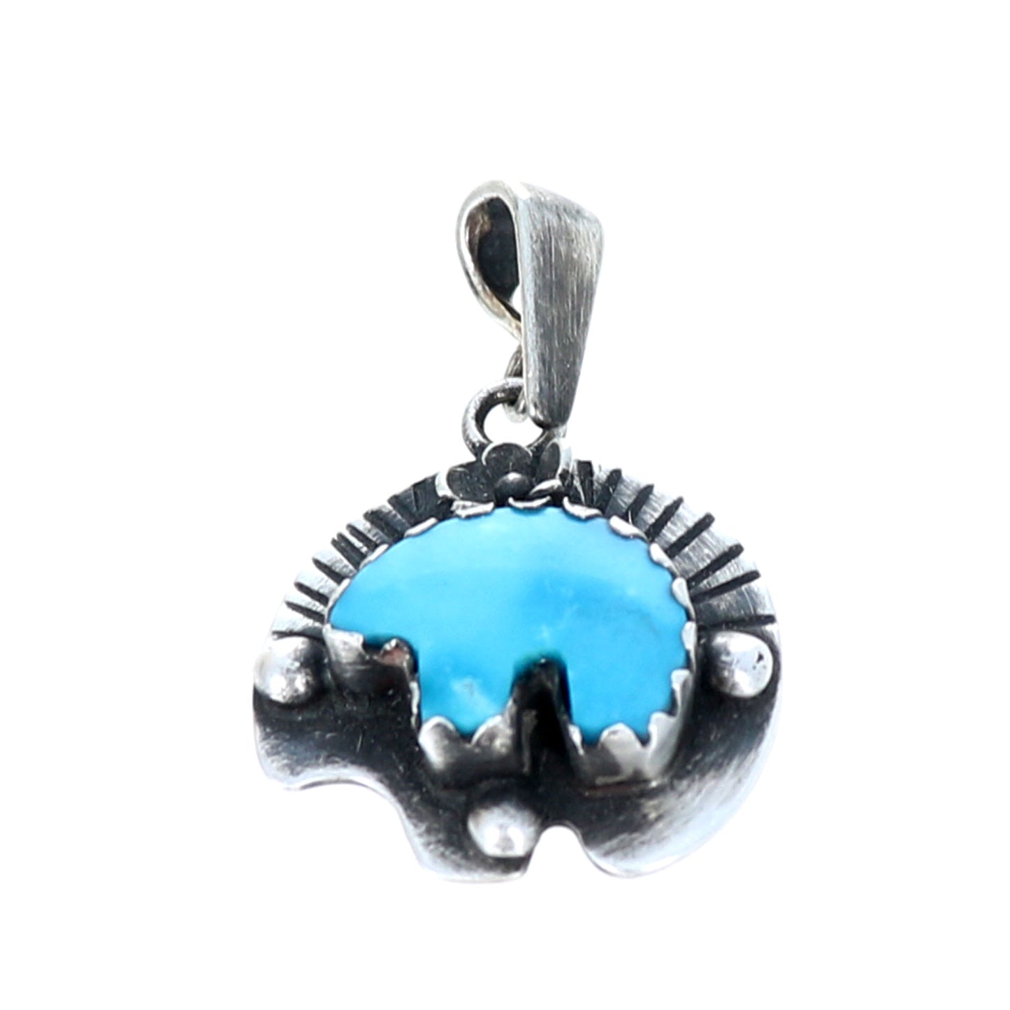 Kingman Deep Blue Turquoise Zuni Bear Pendant Sterling -NewWorldGems