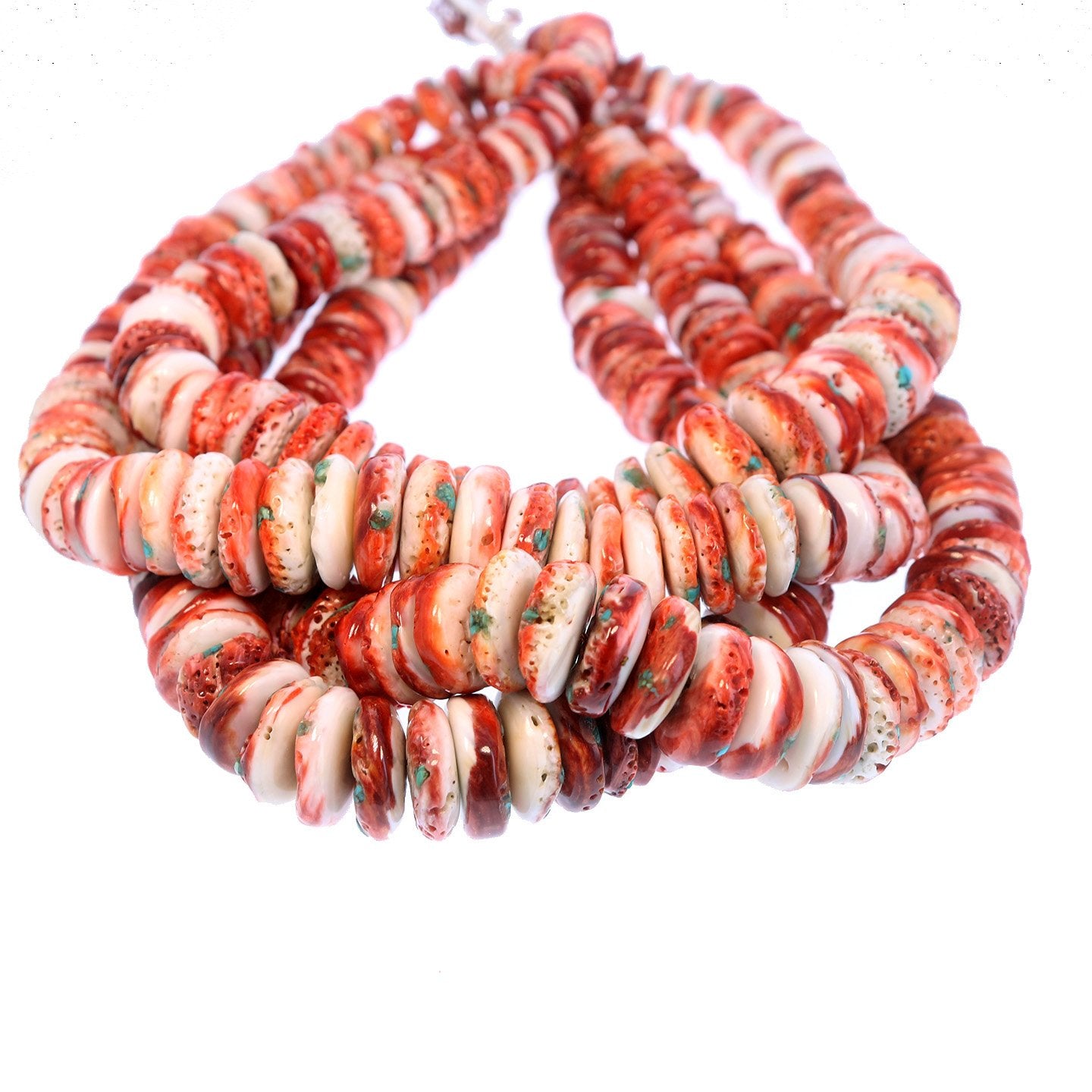 Spiny Oyster Beads Red With Turquoise Inlay 16" -NewWorldGems