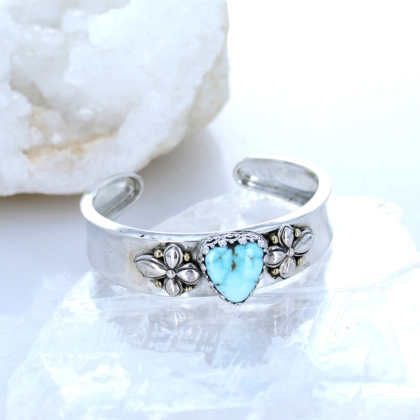 Rare Dry Creek Turquoise Bracelet Sterling Cuff 18K Gold -NewWorldGems