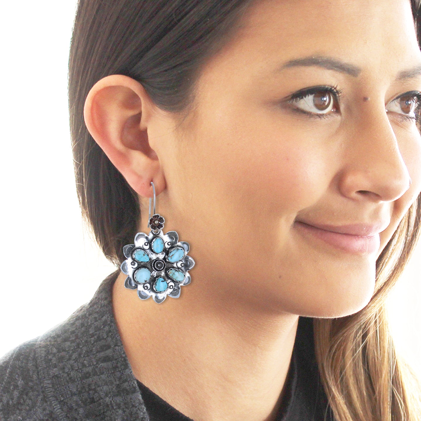 Unique Rare DRY CREEK Turquoise Mandala Flower Earrings Sterling -NewWorldGems