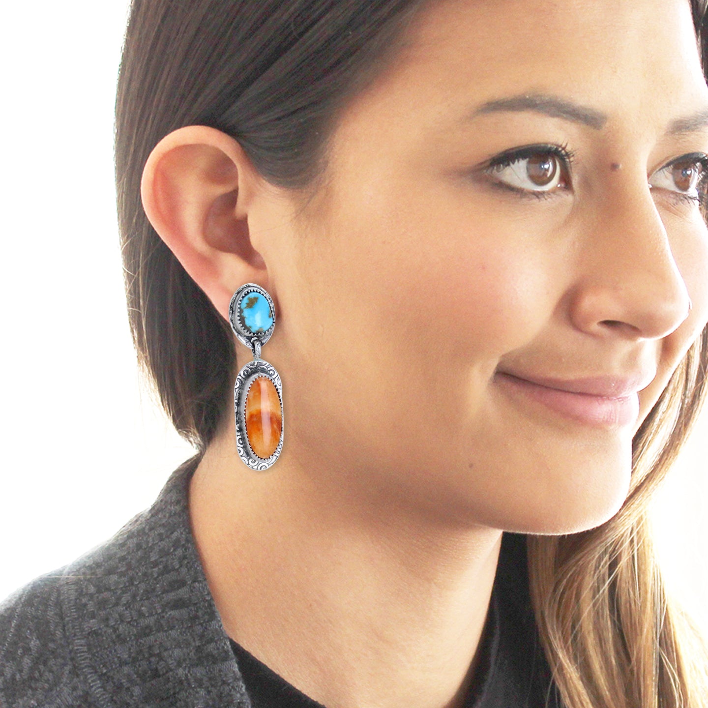 Sunset Lone Mountain Turquoise Sterling Earrings with Spiny Oyster Patterned -NewWorldGems