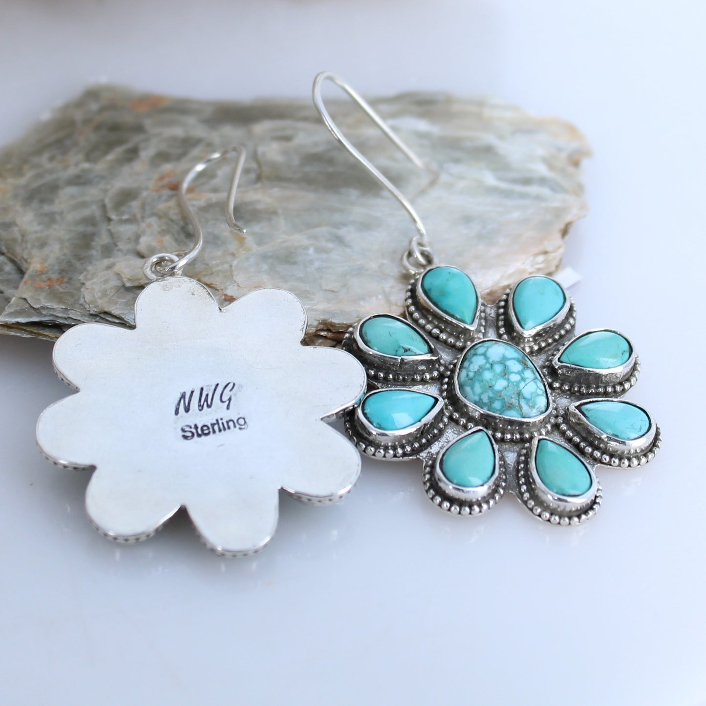 White Water Turquoise Flower Earrings Sterling Southwest 9 Stones -NewWorldGems