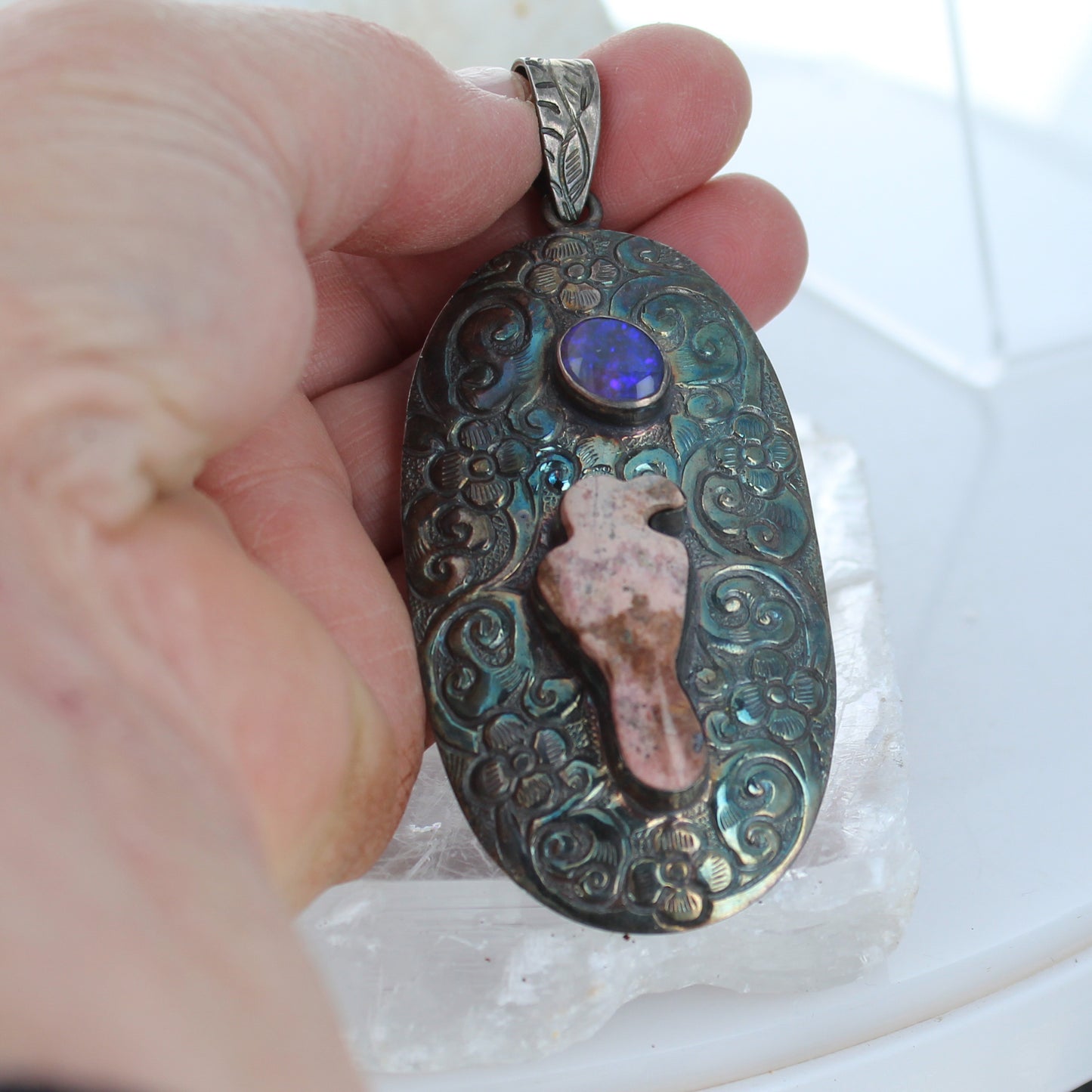 Lightning Ridge Midnight Blue Opal and Raven Pendant Sterling -NewWorldGems