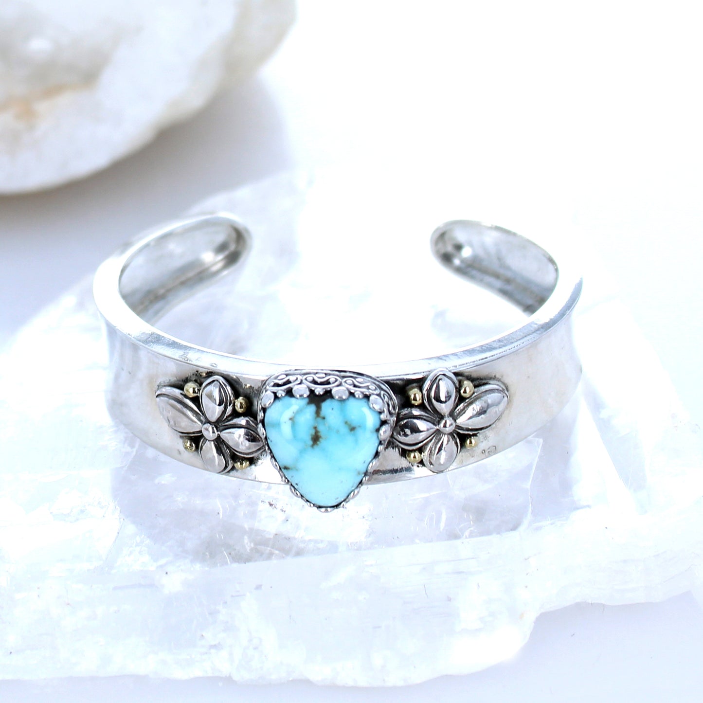 Rare Dry Creek Turquoise Bracelet Sterling Cuff 18K Gold -NewWorldGems