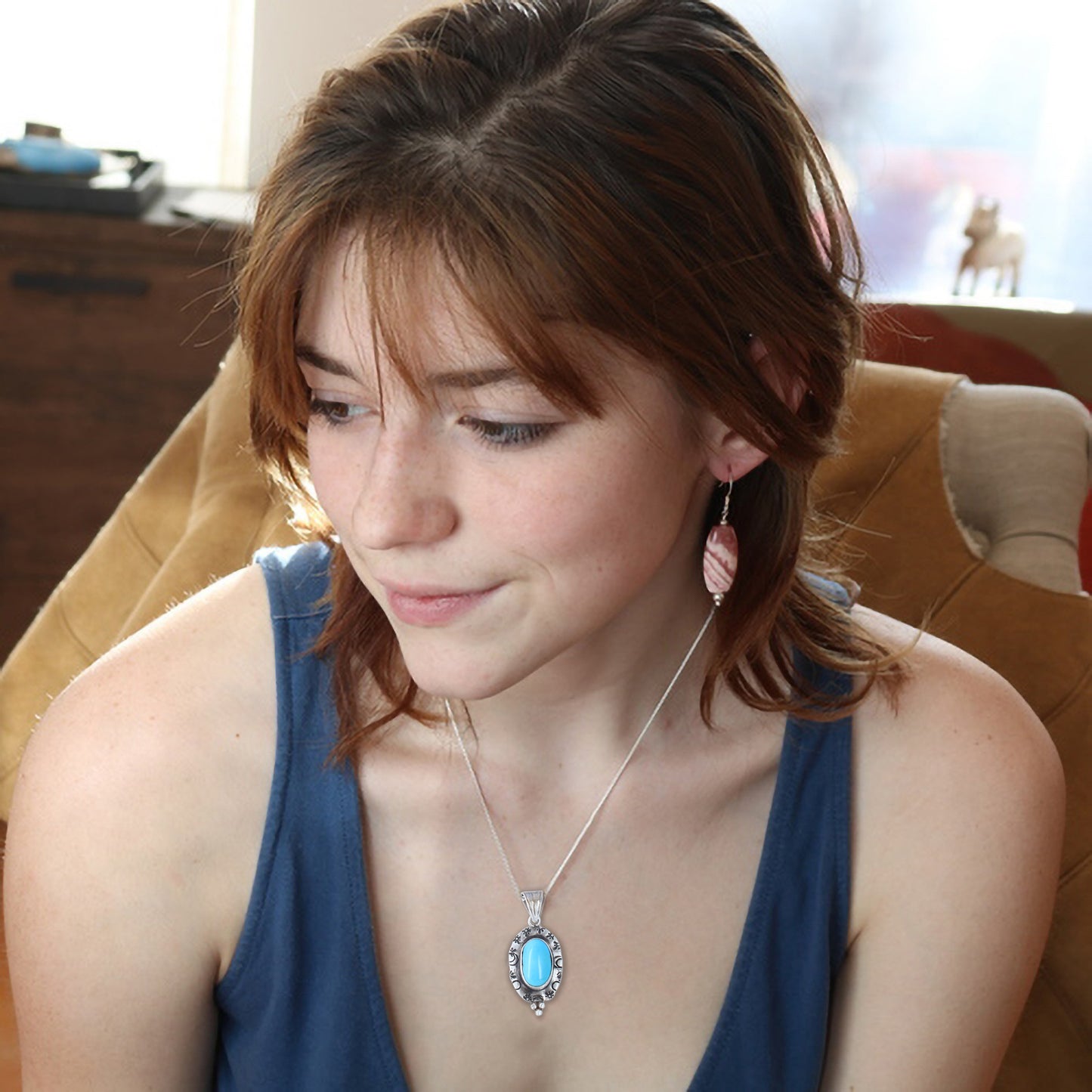 SLEEPING BEAUTY Turquoise Elongated Oval Pendant Sterling Stamped -NewWorldGems