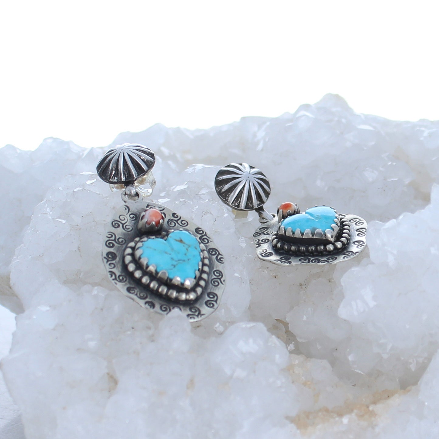 Kingman Turquoise and Spiny Oyster Hearts Cowgirl Earrings Bright Sky Blue -NewWorldGems