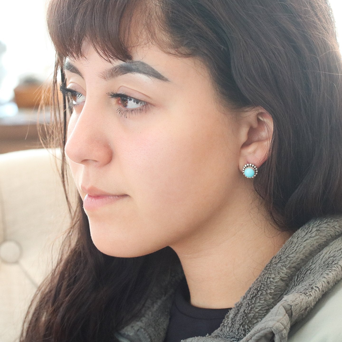 Sleeping Beauty Turquoise Earrings Round Post Style Studs 7.5mm -NewWorldGems
