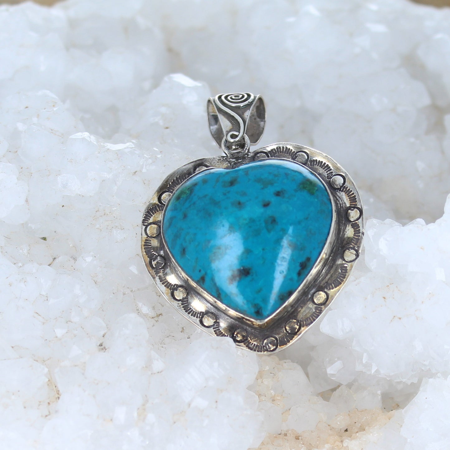 HEART PENDANT Chrysocolla Sterling Southwest Pendant Stamped Designs -NewWorldGems