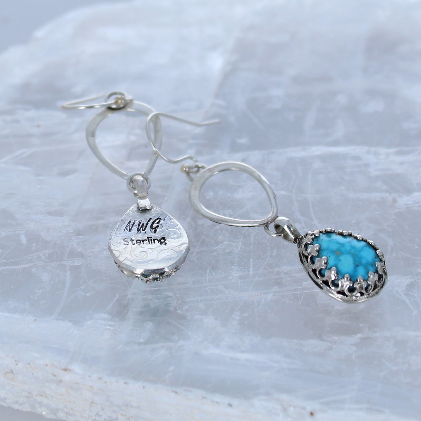 AAA Kingman Turquoise Earrings Waterweb Teardrops Sterling -NewWorldGems