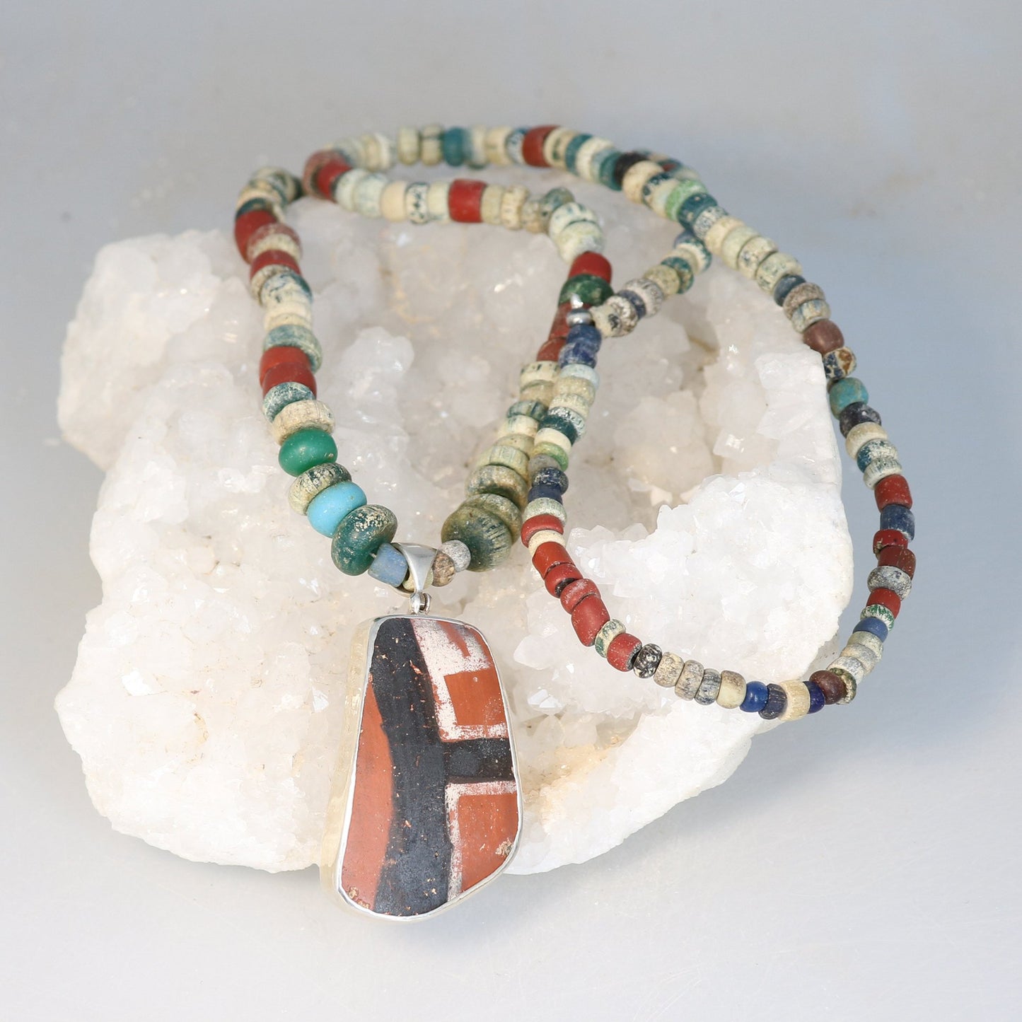 Djenne Ancient Blue Glass Beads Necklace With Anasazi Pottery Pendant -NewWorldGems
