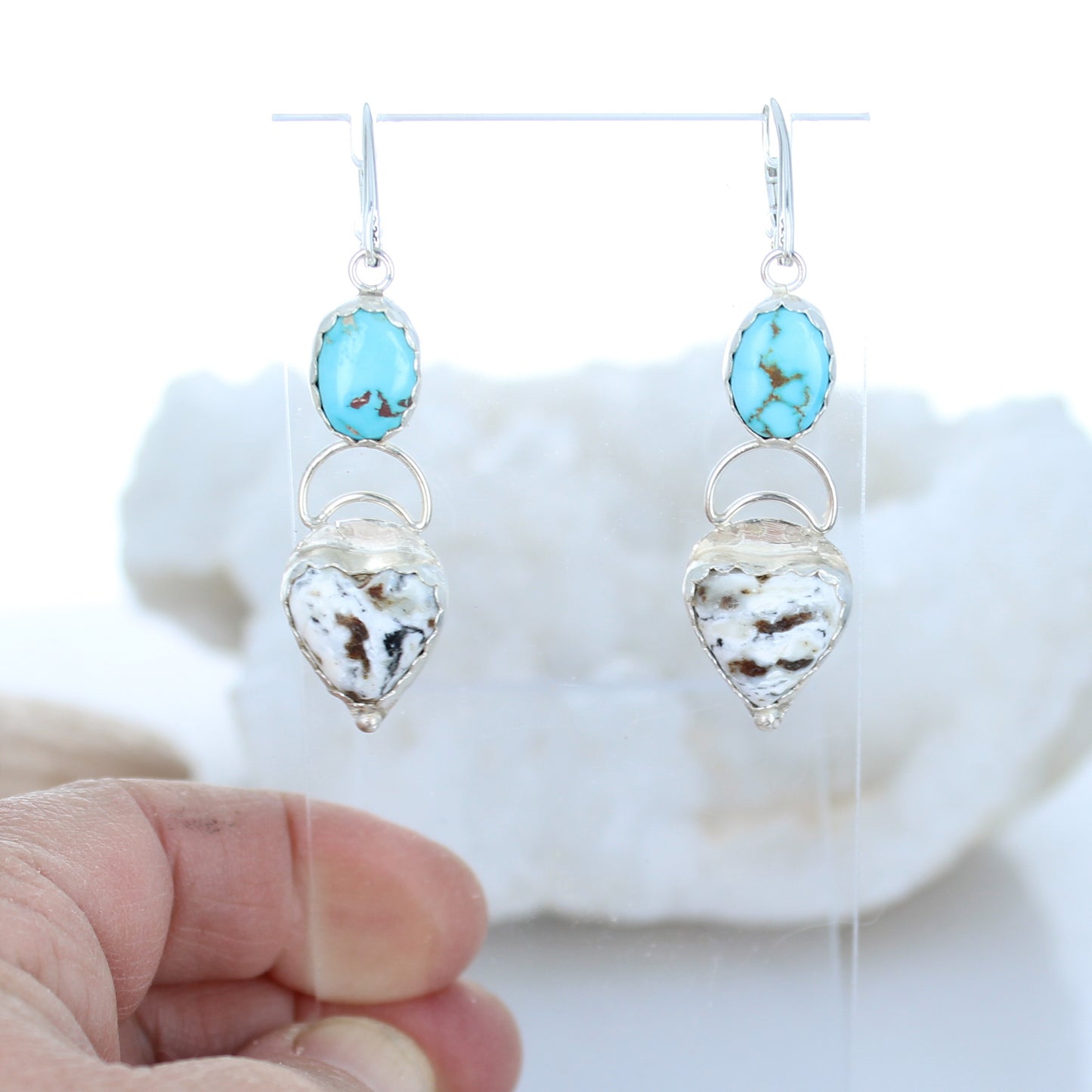 Moon Hearts Carico Lake and White Buffalo Turquoise Earrings Sterling -NewWorldGems