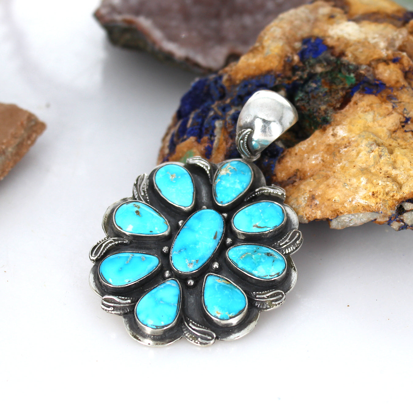 Blue Ridge Nevada Turquoise Pendant Sterling Silver 9 Stone 3" -NewWorldGems