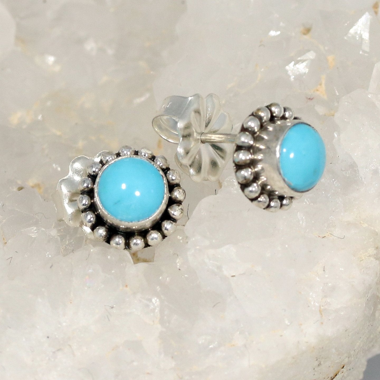 Sleeping Beauty Turquoise Earrings Round Post Style Studs 7.5mm -NewWorldGems