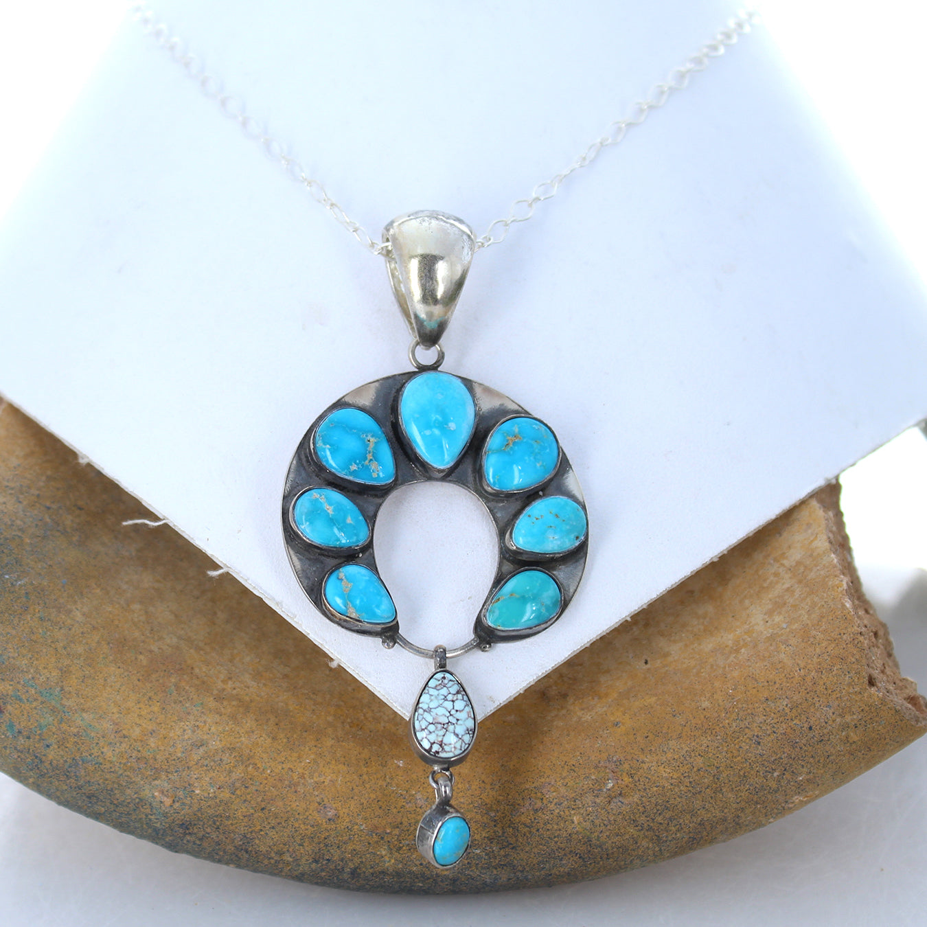 Blue Bird Naja Moon Pendant Sterling with Dry Creek Turquoise Accent -NewWorldGems