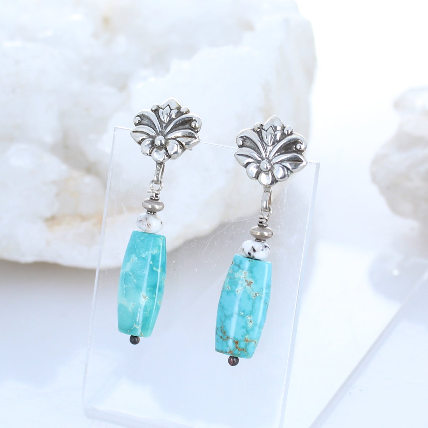 Carico Lake and White Buffalo Turquoise Sterling Earrings -NewWorldGems