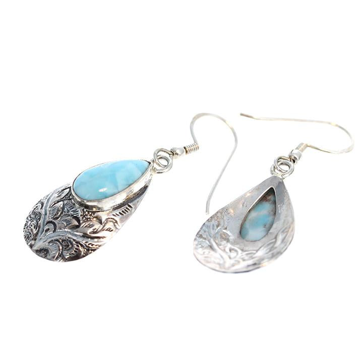 Larimar Sterling Earrings Etched Teardrops #2 -NewWorldGems