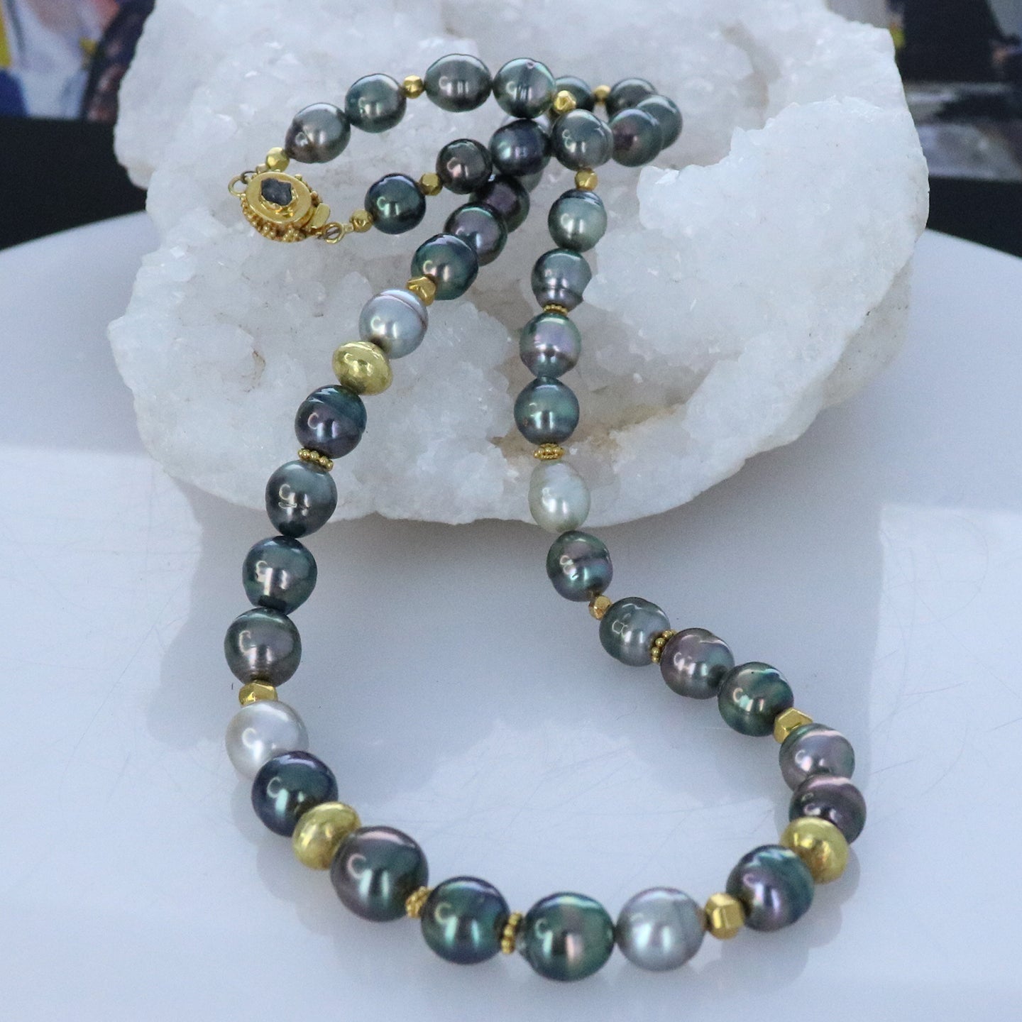 Tahitian Pearl 18K Gold Necklace With Diamond Clasp -NewWorldGems