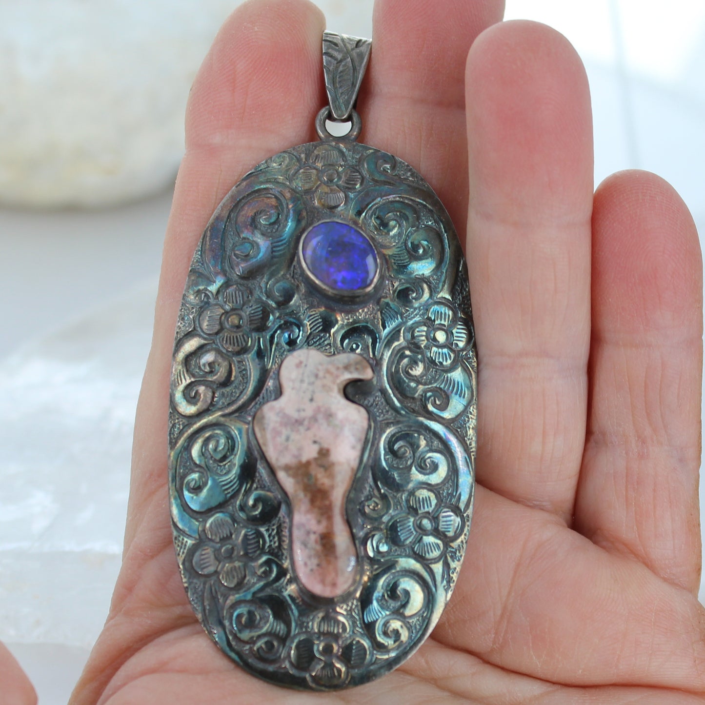 Lightning Ridge Midnight Blue Opal and Raven Pendant Sterling -NewWorldGems