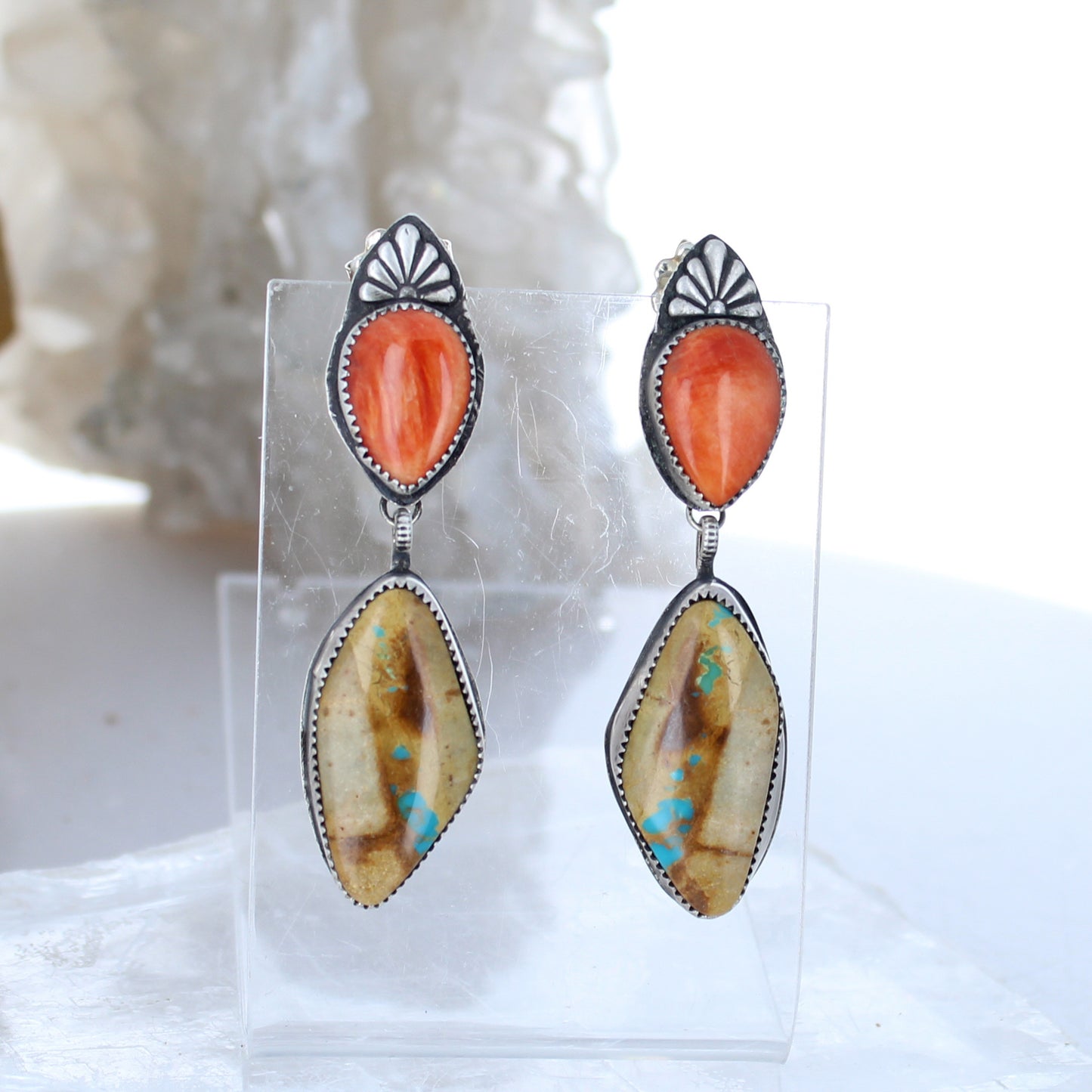 Dramatic Royston Turquoise Orange Spiny Oyster Earrings Southwest -NewWorldGems