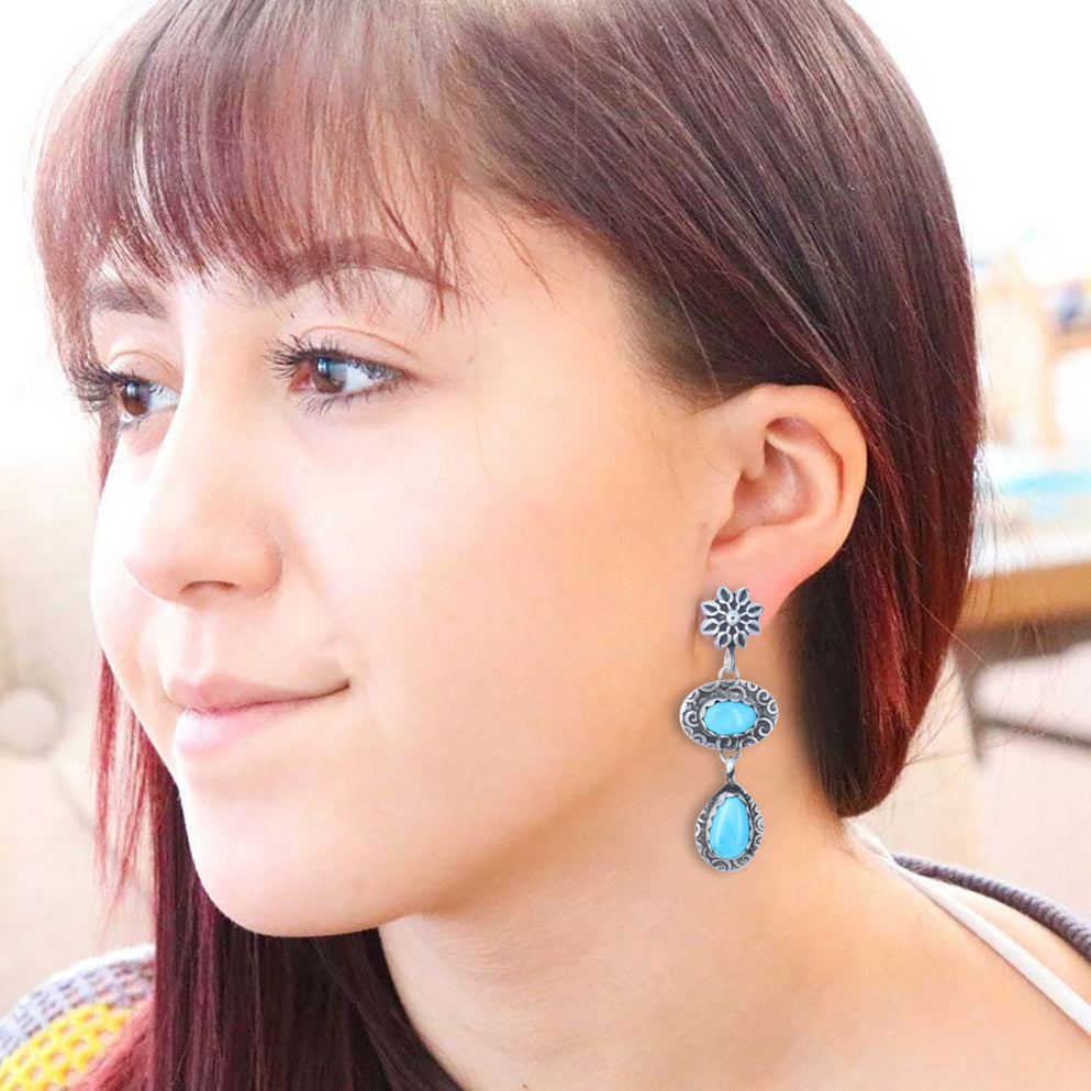 Blue Ridge Turquoise Earrings 2 Stone Blue Spiral Design Sterling -NewWorldGems