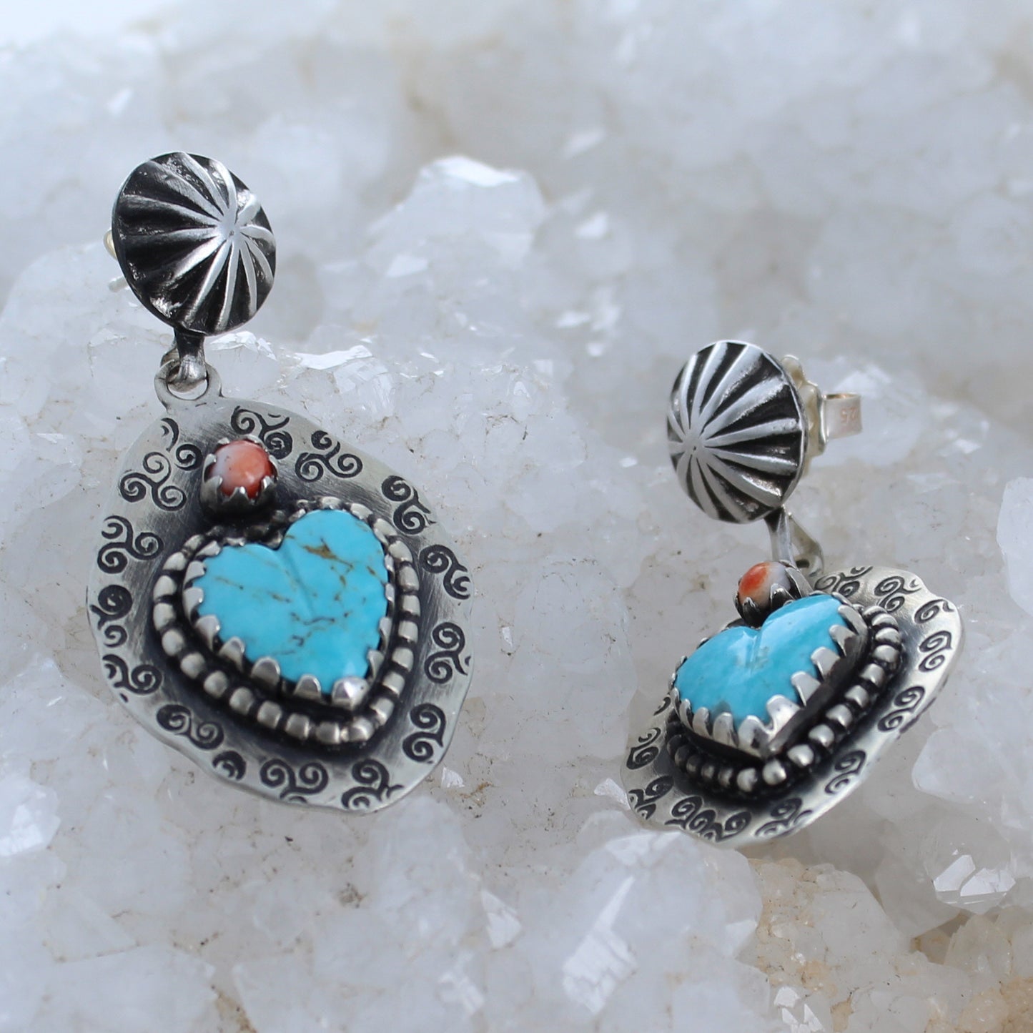 Kingman Turquoise and Spiny Oyster Hearts Cowgirl Earrings Bright Sky Blue -NewWorldGems